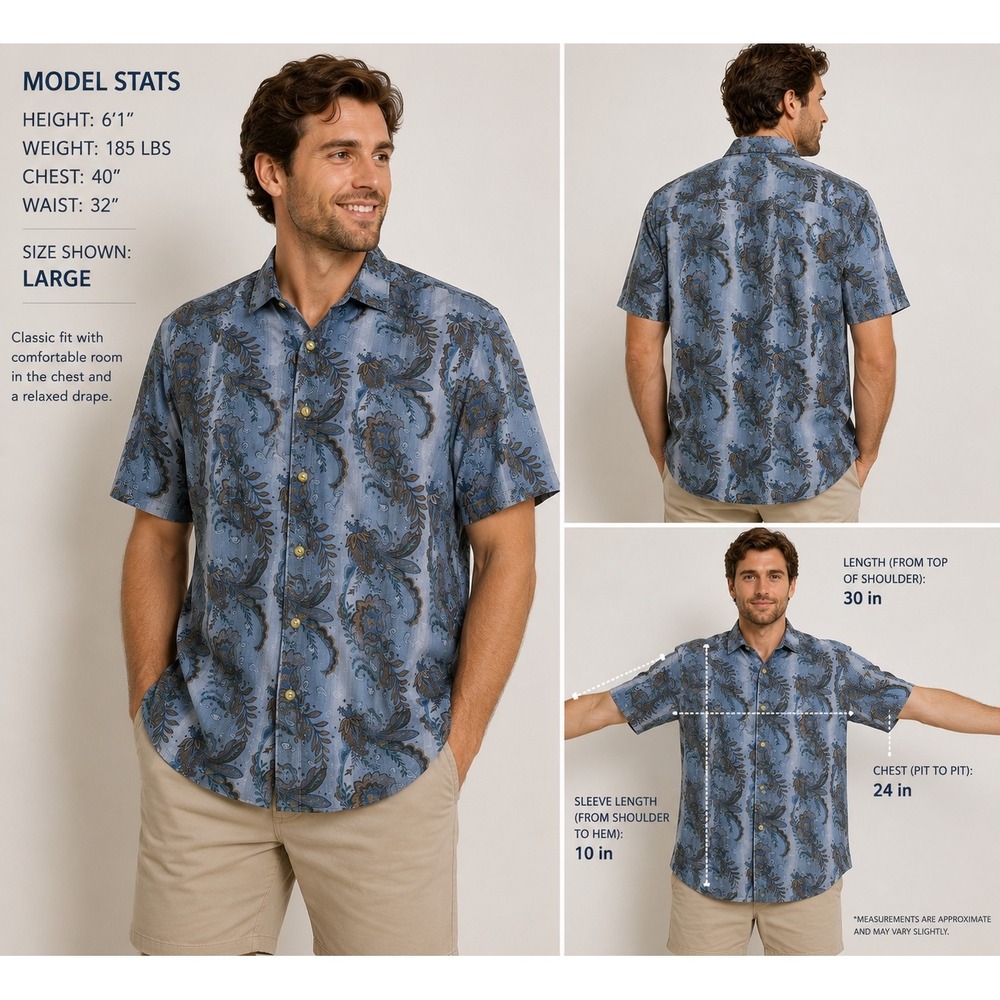 Tommy Bahama Mens Blue Paisley 100% Silk Short‎ Sleeve Button Down Shirt Large